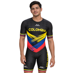 Licra de patinaje para hombre Colombia negra Pro de NÓMADAS: negro con trazos amarillos, azules y rojos.