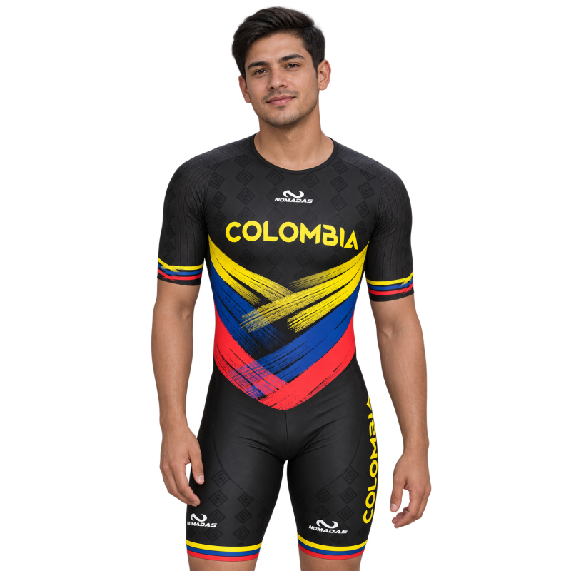 Licra de patinaje para hombre Colombia negra Pro de NÓMADAS: negro con trazos amarillos, azules y rojos.