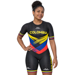 Licra de patinaje para mujer Colombia negra Pro de NÓMADAS: negro con trazos amarillos, azules y rojos.