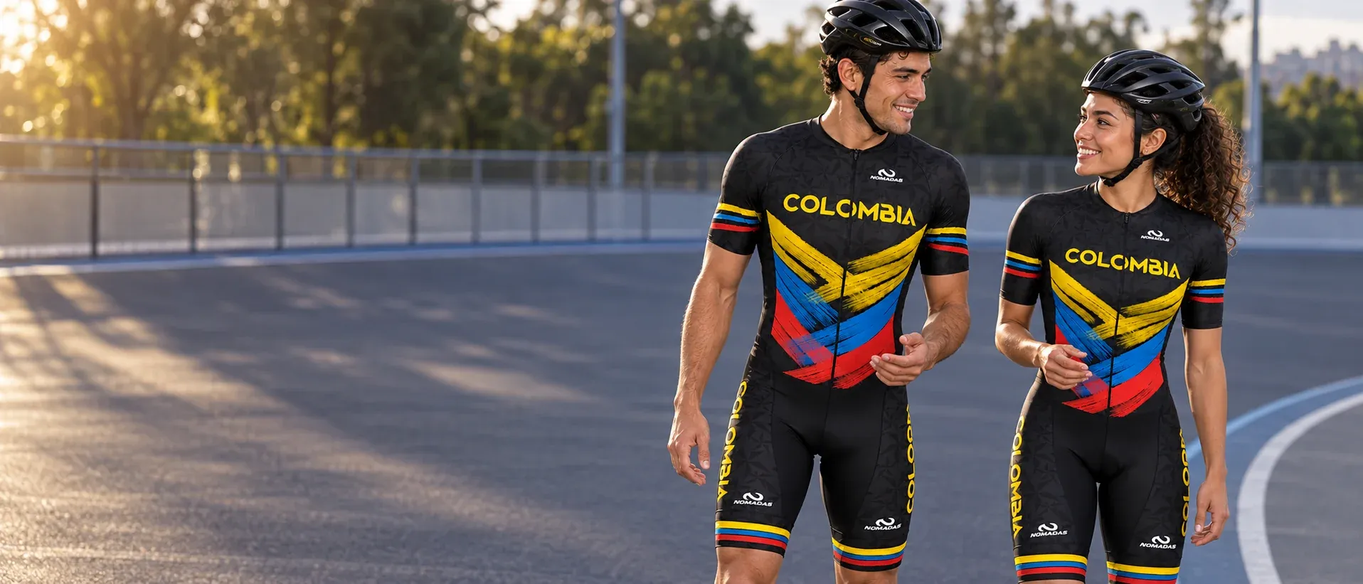 Dos patinadores adultos con licras Colombia durante un entrenamiento.